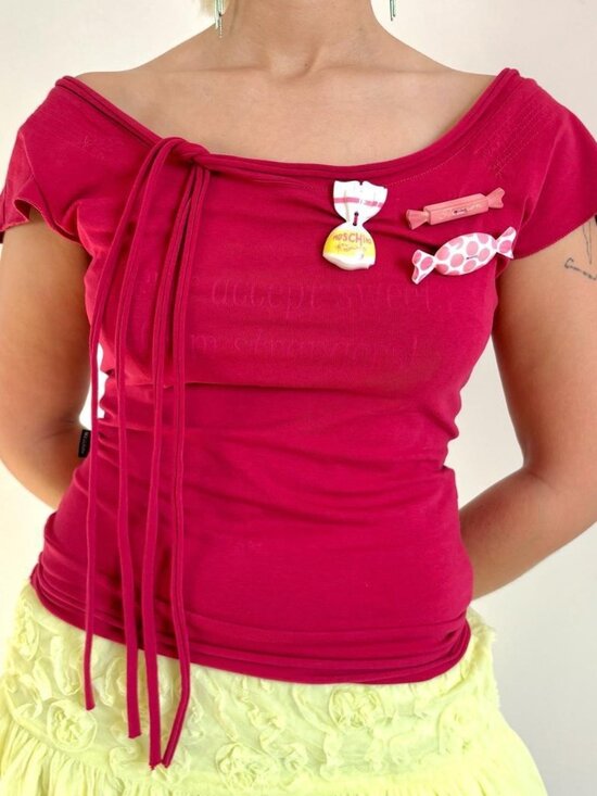 Moschino Tops - 1990s Moschino “Never Accept Sweets from Strangers” Off the Shoulders Candy Top